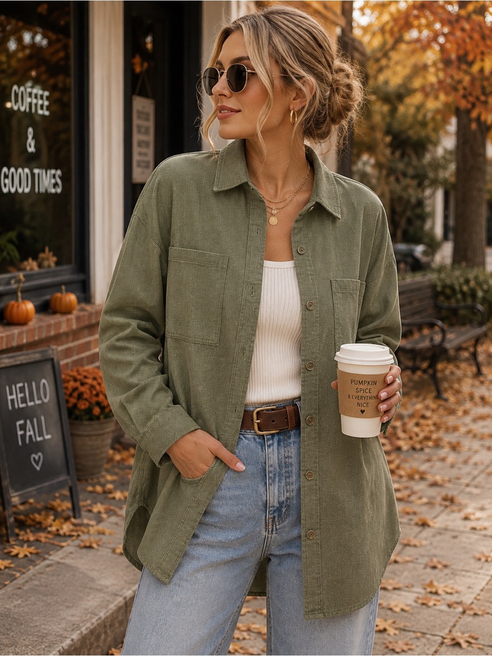Olive Green Oversized Button-Up Herringbone Shacket - 670